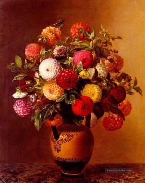 Klassische Blumen Werke - Blumenstillleben mit Dahlien in einer Vase Johan Laurentz Jensen Blume